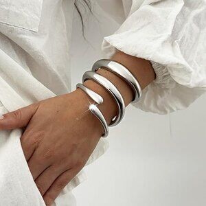 3Pcs Silver Twisted Hinged Stackable Bangle Bracelet Set, Trendy Cuff Bracelet